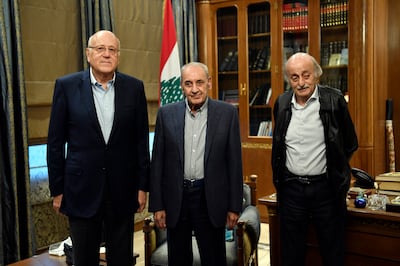 Lebanese caretaker Prime Minister Najib Mikati, Parliament Speaker Nabih Berri and the Druze leader Walid Joumblatt meet in Beirut earlier in the week. EPA