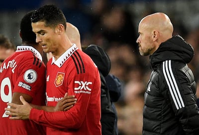 Cristiano Ronaldo with Manchester United manager Erik ten Hag in November 2022, shortly before his departure from the club. AFP