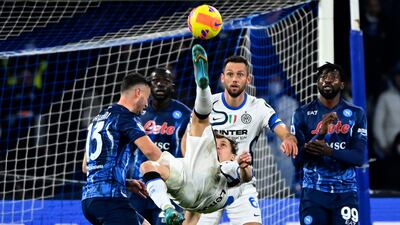 Inter Milan's Nicolo Barella attempts on overhead kick. AFP