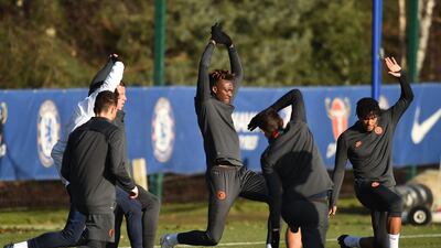Chelsea's Tammy Abraham, centre, during a training session in Stoke D'Abernon. AFP