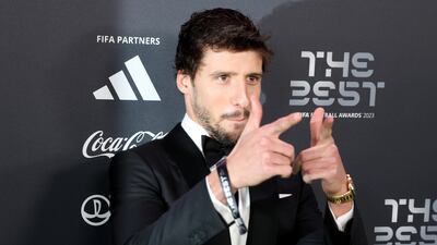Manchester City defender Ruben Dias arrives for the Best Fifa Football Awards 2023 in London. EPA