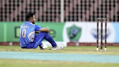 Sharjah, United Arab Emirates - October 17, 2018: Ravi Bopara of the Balkh Legends misses a run out during the game between Balkh Legends and Nangarhar Leopards in the Afghanistan Premier League. Wednesday, October 17th, 2018 at Sharjah Cricket Stadium, Sharjah. Chris Whiteoak / The National
