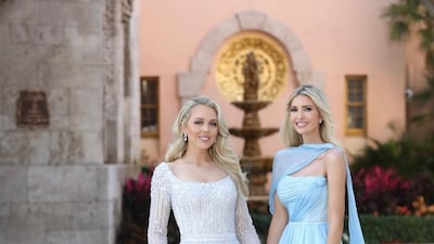 Ivanka Trump, wearing blue Grecian-style Elie Saab gown, with half-sister Tiffany Trump, also wearing Elie Saab, at the latter's wedding on November 12, 2022. Photo: Instagram / Ivanka Trump