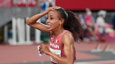 Kalkidan Gezahegne, of Bahrain, celebrates after winning the silver medal in the women's 10,000 metres in Tokyo.