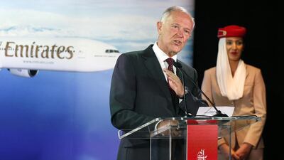 Emirates Airline president Tim Clark speaks during ceremonies at Logan International Airport in Boston. Michael Dwyer / AP Photo