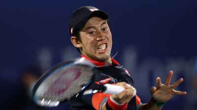 Kei Nishikori during his 6-3, 7-6 victory over David Goffin in Dubai. Getty