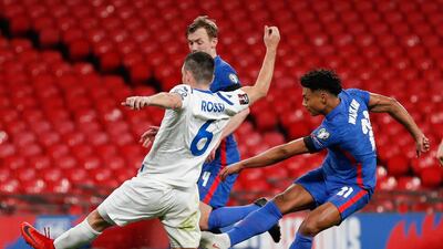 England's Ollie Watkins, right, scores his team's fifth goal. AP