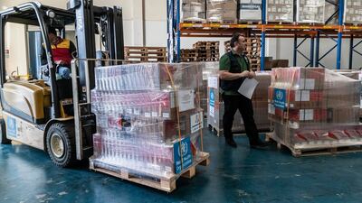 Emergency aid packaged up for transport from the WHO warehouses in Dubai to be sent to Turkey and Syria. All photos: Antonie Robertson / The National