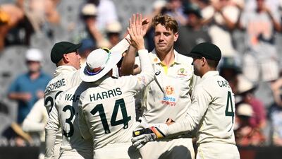 Cameron Green of Australia celebrates taking the wicket of Marco Jansen of South Africa. EPA