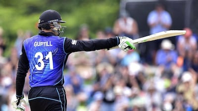 Martin Guptill of New Zealand celebrates his half-century on Monday in a one-day victory over Sri Lanka in Christchurch. Marty Melville / AFP / December 28, 2015