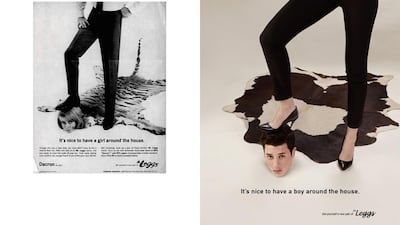 This ad for Mr Leggs trousers shows a man stamping on the head of a woman who has been turned into a rug. In Rezkallah’s version, a woman grinds her stiletto into the head of a sad-looking man above the words, “It’s nice to have a boy around the house”. Photography Eli Rezkallah, produced by Plastik Studios 2018