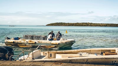 People on a boat evaluate damage caused by fuel leaking from the ship.