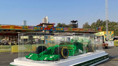 A lego model of a Formula One car is on display.
