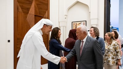 Mr Costa is greeted by Khaldoon Al Mubarak, Abu Dhabi Executive Council member, chairman of the Executive Affairs Authority, and managing director and group chief executive of Mubadala Investment Company