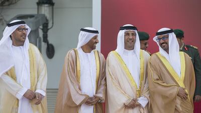 Saeed Eid Al Ghafli Head of the Infrastructure and Environment Committee and Chairman of the Department of Municipal Affairs of Abu Dhabi Executive Council, Ali Majed Al Mansouri Head of the Economic Development Committee and Chairman of the Department of Economic Development of Abu Dhabi Executive Council, and Hussain Ibrahim Al Hammadi UAE Minister of Education. Donald Weber / Crown Prince Court - Abu Dhabi