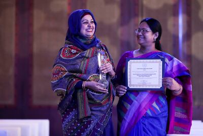 Kazi Tasmin Ajmery, and Munira Sultana, deputy secretaries for the Ministry of Disaster Management and Relief in Bangladesh at the United Nations Public Service Awards, Dubai. Khushnum Bhandari / The National