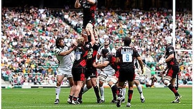 Ernst Joubert rises highest to win a lineout for Saracens in their victory over London Irish at Twickenham on Saturday.