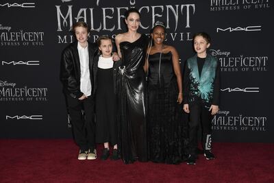 Angelina Jolie (centre) with children, Shiloh Nouvel Jolie-Pitt, Vivienne Marcheline Jolie-Pitt, Zahara Marley Jolie-Pitt, and Knox Leon Jolie-Pitt at the world premiere of 'Maleficent: Mistress of Evil' in Los Angeles, California, on Monday, September 30. Getty Images / AFP