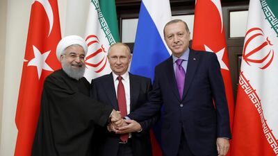 A tricky troika? (l-r) President Hassan Rouhani of Iran, President Vladimir Putin of Russia and President Recep Tayyip Erdogan of Turkey met in Sochi, southern Russia and hope to convene a "congress" to discuss a transition of power in Syria. Mikhail Metzel/Kremlin via Reuters