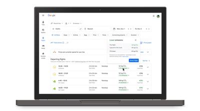 A screengrab showing carbon emissions per seat for every flight on the Google Flights website. Google