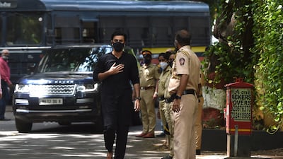 Bollywood actor Ranbir Kapoor arrives to pay respect at the residence of Indian actor Dilip Kumar, after he died at the age of 98 in Mumbai on July 7, 2021.