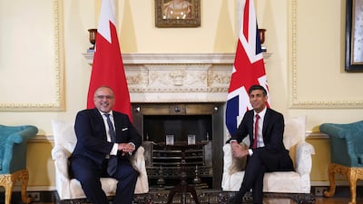 Bahraini Crown Prince Salman bin Hamad with British Prime Minister Rishi Sunak at Downing Street. AP