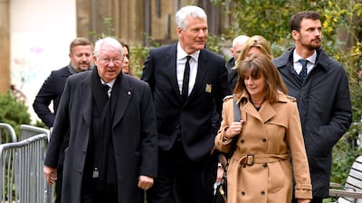 Sir Alex Ferguson and David Gill arrive ahead of the funeral service for Sir Bobby Charlton at Manchester Cathedral. PA