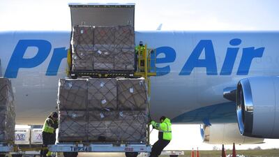 An Amazon plane being loaded at Lehigh Valley international airport near New York. The company is converting 11 Boeing 767-300 passenger planes bought from Delta Air Lines and Canada's Westjet into cargo carriers. Reuters