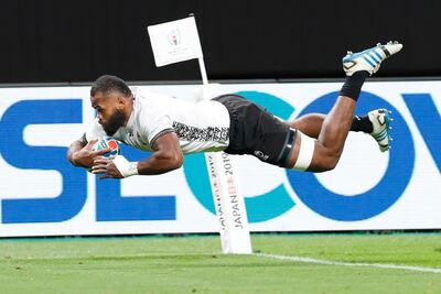Fiji’s Peceli Yato scores a try against Australia during the Rugby World Cup Pool D game on Saturday. The winger would later go off with concussion after a poor challenge Reece Hodge that went unpunished by the referee. AP