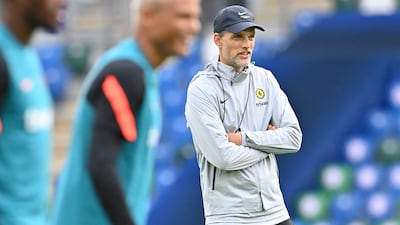 Chelsea coach Thomas Tuchel oversees the training session.