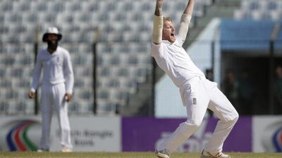 England's Ben Stokes, right, successfully makes an appeal to dismiss of Bangladesh's Taijul Islam on the final day of their first cricket Test match in Chittagong, Bangladesh, Monday, October 24, 2016. AM Ahad / AP Photo