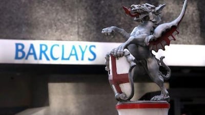 A statue of a Griffin carrying the coat of arms of the City of London stands on a pedestal outside a branch of Barclays bank in London, U.K., on Friday, April 23, 2010. The City marks its boundaries with a single "griffin" at each road leading into the City of London. Photographer: Chris Ratcliffe/Bloomberg *** Local Caption *** 665087.jpg