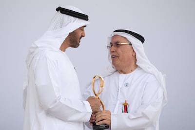 Sheikh Mohamed bin Zayed, Crown Prince of Abu Dhabi and Deputy Supreme Commander of the UAE Armed Forces, presents an Abu Dhabi Award to Ibrahim Al Abed. Ryan Carter for the Crown Prince Court - Abu Dhabi