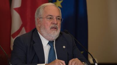 The European Union's top climate official, Miguel Arias Canete, speaks to the press after a ministerial meeting hosted by Canada on September 16, 2017 in Montreal to push forward on implementing the Paris climate accord without the United States. Alice Chiche / AFP