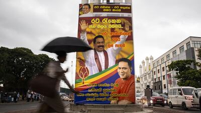 A poster advocating Mahinda Rajapaksa for prime minister, on November 9, 2018 in Colombo, Sri Lanka. Getty