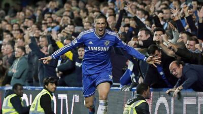 Fernando Torres celebrates scoring the winning goal for Chelsea against Manchester City in their English Premier League match at Stamford Bridge on Sunday. Kerim Okten / EPA
