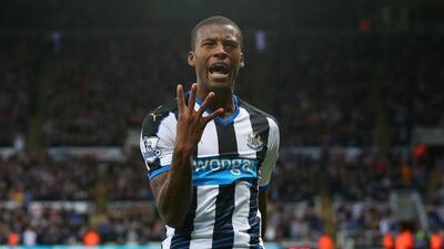 Georginio Wijnaldum of Newcastle United celebrates as he scores their sixth goal and his fourth against Norwich City. Alex Livesey / Getty Images