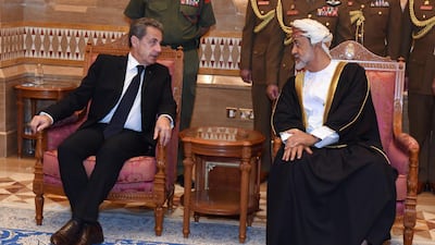 Sultan Sayyid Haitham Bin Tariq Al Said meets former French president Nicolas Sarkozy in Muscat. AFP