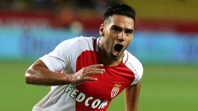 Monaco's Colombian forward Radamel Falcao celebrates after scoring during the Champions League Third qualifying round football match between Monaco and Fenerbahce on August 3, 2016, at the Louis II stadium in Monaco. (AFP)