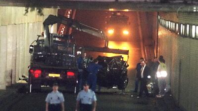 The wreckage of Princess Diana's car in the Alma Tunnel of Paris. Britain's Princess Diana, her friend Dodi Fayed and their driver Henri Paul were all killed in the crash in August, 1997. (file)