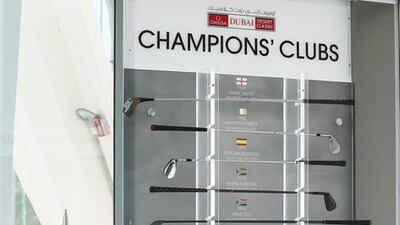 The golf clubs from every past winner of the Dubai Desert Classic on display at the clubhouse in Emirates Golf Club during the 2015 tournament. Sarah Dea / The National / July 30, 2015