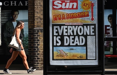 A headline from UK tabloid The Sun, during the recent heatwave, took an irreverent approach to fears over the soaring temperatures. Photo: EPA