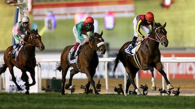 Real Steel from Japan, right, on his way to winning the 2016 Dubai Turf on Dubai World Cup night at Meydan Racecourse. Ashraf Mohammad / Reuters