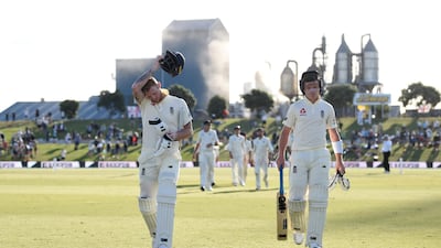 England batsmen Ben Stokes, left, and Ollie Pope at the end of the first day of the opening Test against New Zealand at Mount Maunganui on Thursday, November 21. Getty