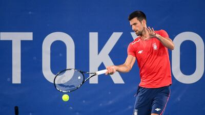Novak Djokovic hits a forehand during a training session at the Ariake Tennis Park ahead of the Tokyo 2020 Olympic Games.