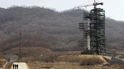 North Korea's Unha-3 rocket stands at the Sohae launch site.