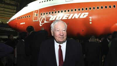 Joe Sutter, Boeing’s chief engineer on the original jumbo, and also known as the ‘father of the 747,’ in front of a newly unveiled 747-8 jumbo passenger jet in Washington in February, 2011. Anthony Bolante / Reuters