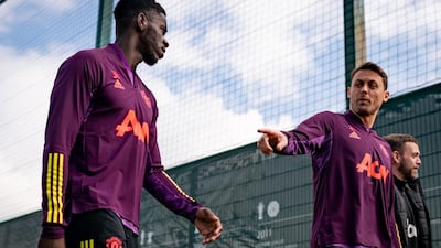 Axel Tuanzebe and Nemanja Matic train on Wednesday. Getty