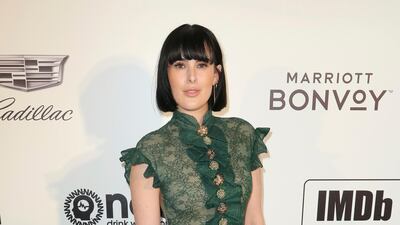 Rumer Willis arrives at the 2019 Elton John AIDS Foundation Oscar Viewing Party on Sunday, February 24, 2019. AP