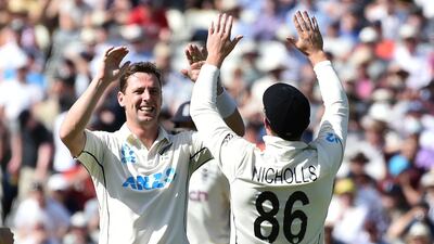 New Zealand's Matt Henry, left, celebrates with teammates the dismissal of England's Zak Crawley. AP